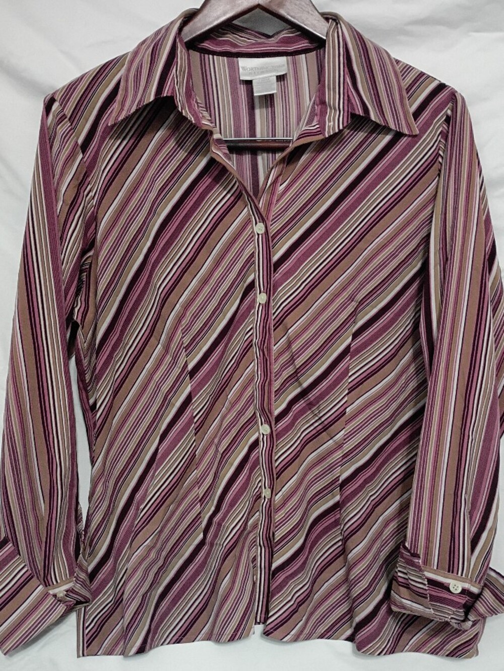 Worthington Diagonal Striped Button-Down Shirt - Mauve Pink & Brown Size L